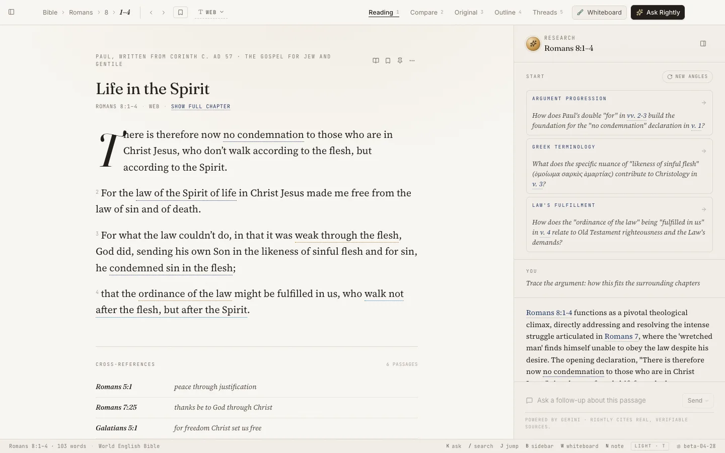 Rightly desktop workspace showing Romans 8 open for close reading.